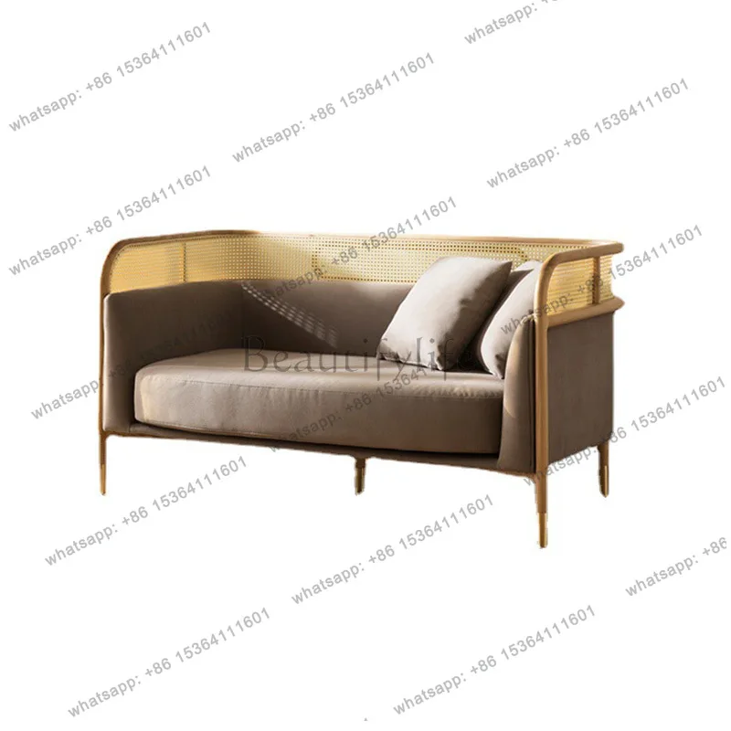 Modern simple rattan sofa household fabric solid wood rattan chair three-person casual sofa chair