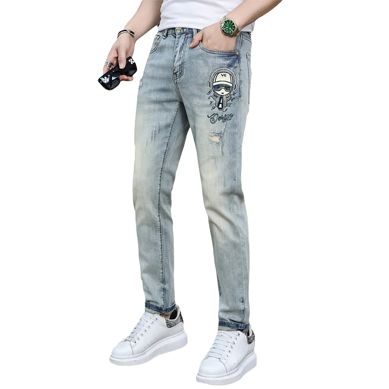 Calça jeans high-end masculina, impressão por transferência de calor, estampa vintage, luz azul, alongamento luxuoso, ajuste fino, calça cônico, verão