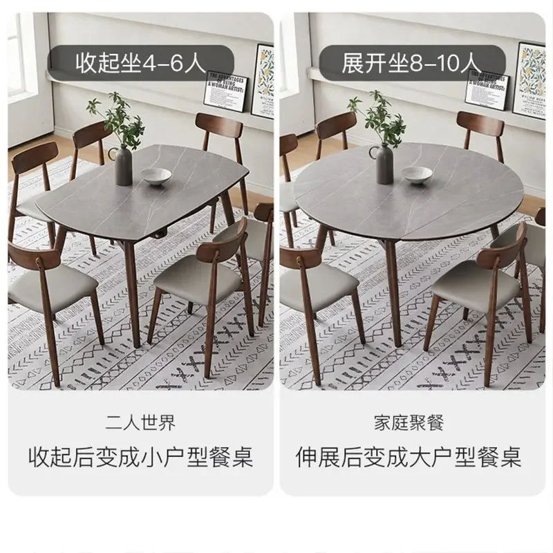 Solid wood dining table, household expandable folding rock plate dining tabl