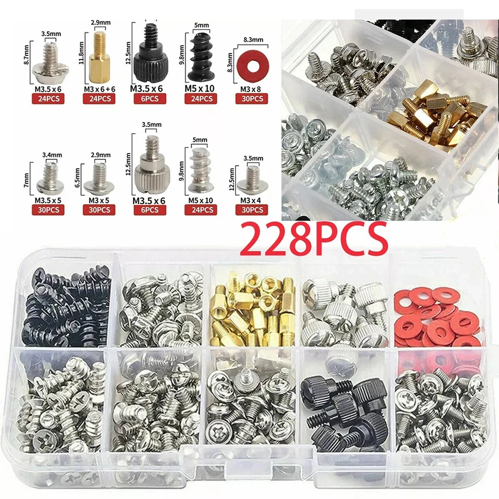 228PCS Computer Screw Standoffs Set Accessories Kit DIY Motherboard Mount Screw PC Case Fan Screws Hard Drive Red Washers