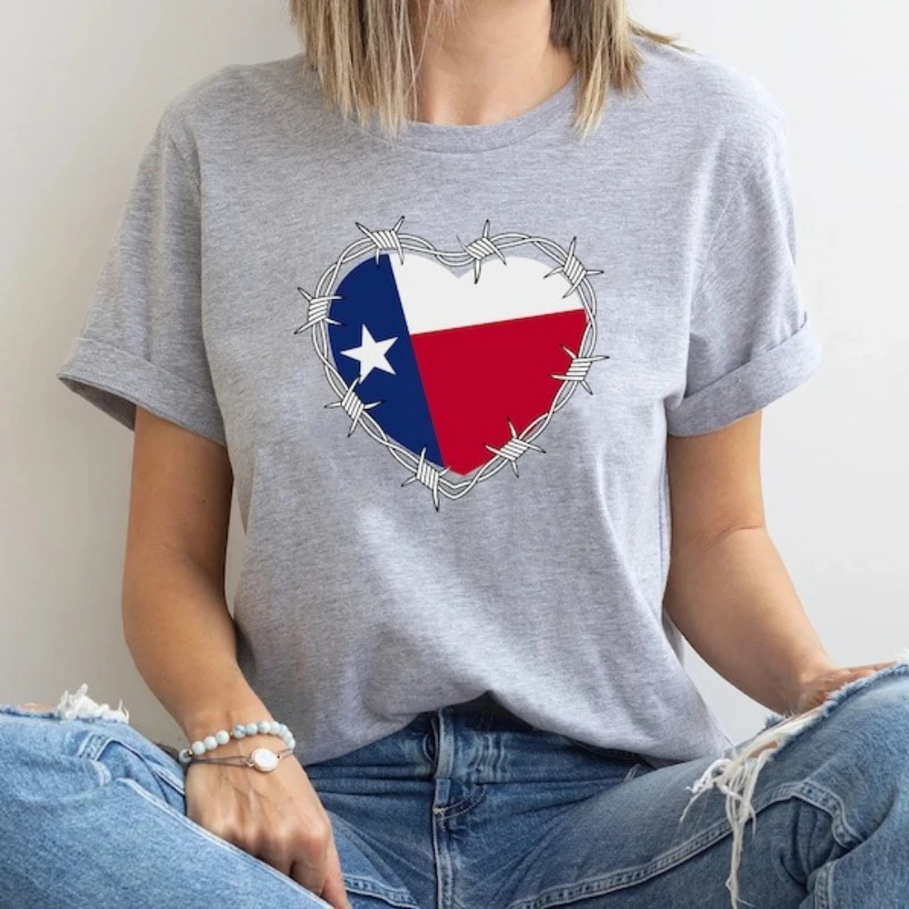 Texas Flag Barbed Wire Heart Graphic T Shirt Women Summer Fashion Cotton Short Sleeve Texas Western Pride Casual Daily Outfit
