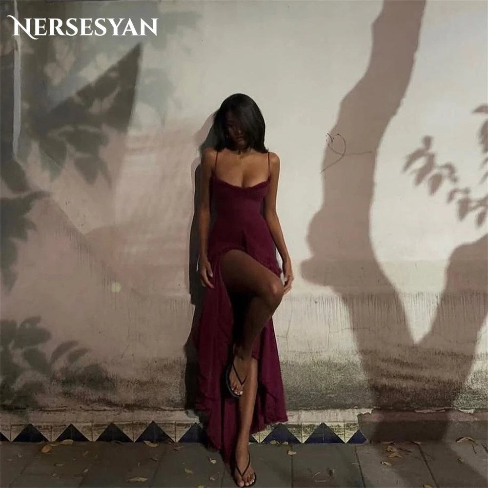 

Nersesyan Burgundy Mermaid Evening Dresses Scoop Spaghetti Straps Chiffon Formal Dress Side Slit Ruffles Party Gowns Customized