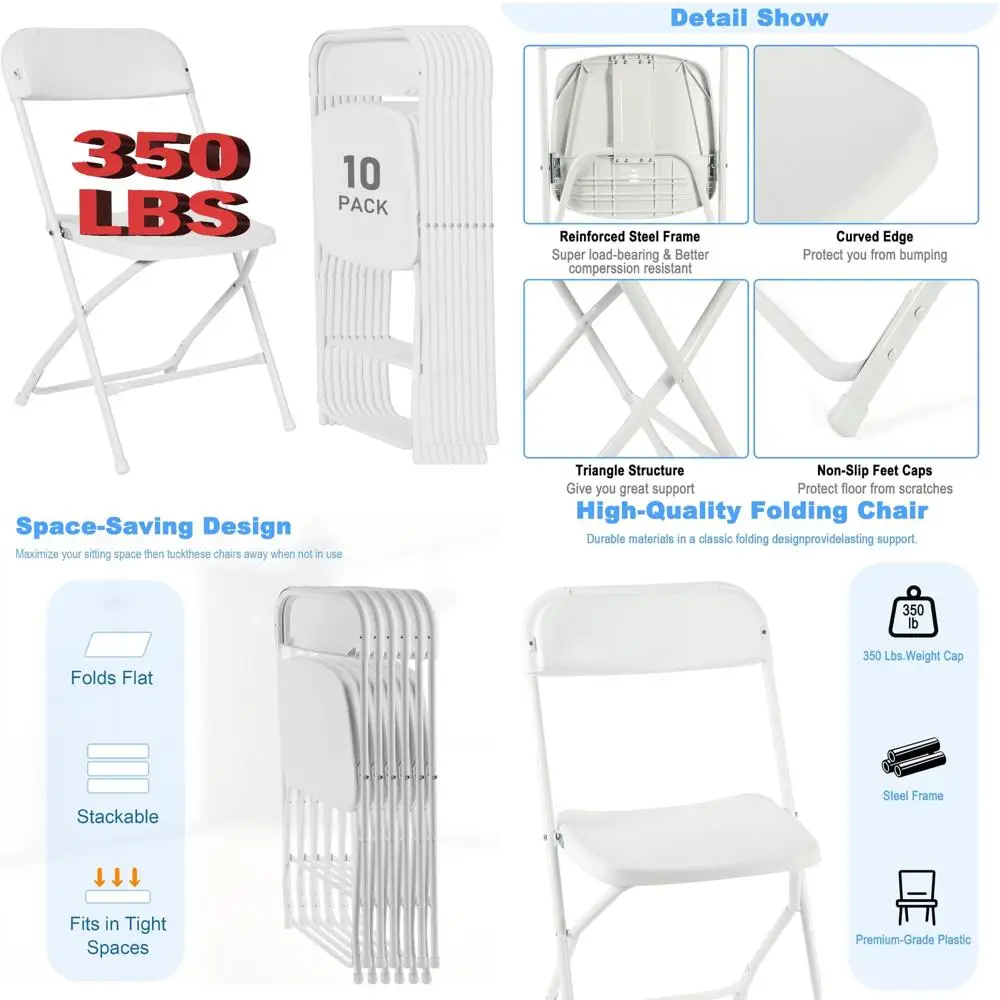 White Folding Chairs 10 Pack, Plastic Folding Chair for Outside, Indoor Outdoor Portable Commercial Seat with Steel Frame, Folda