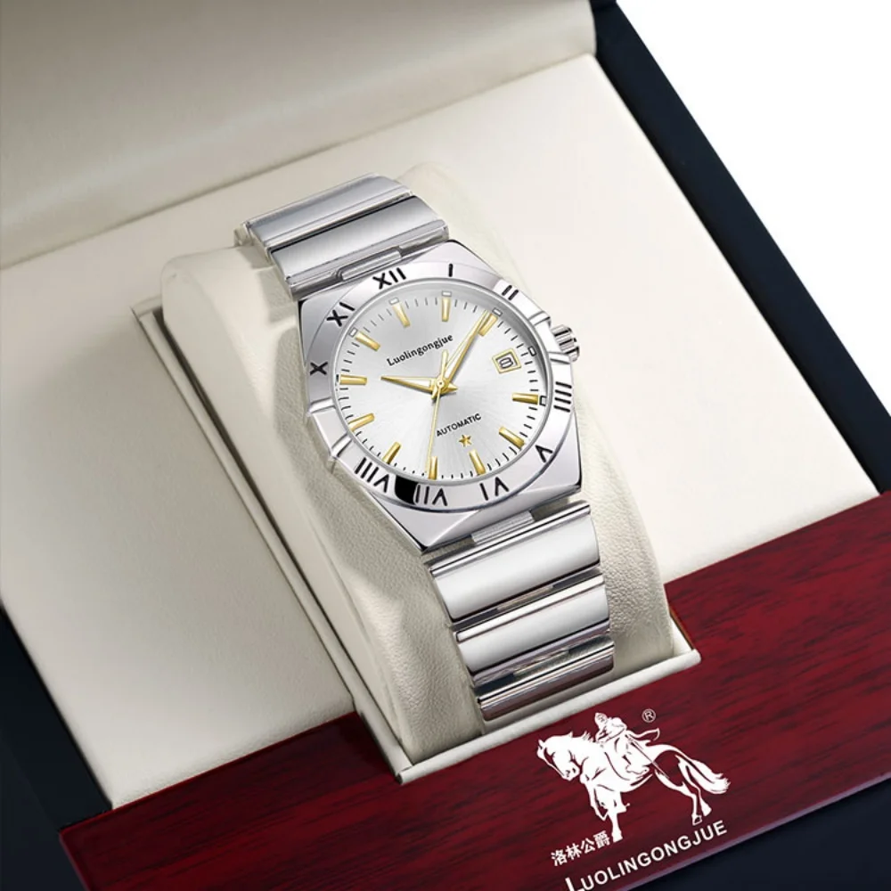 Top-Tier Luxury Business Men's Mechanical Watch, Automatic Winding, Skeleton Design, Stainless Steel Strap, European and American Style, High-End, Light Luxury, Fashionable, Simple, Stylish and Handsome Watch for Men, Suitable for Various Occasions, the Best Gift for Him