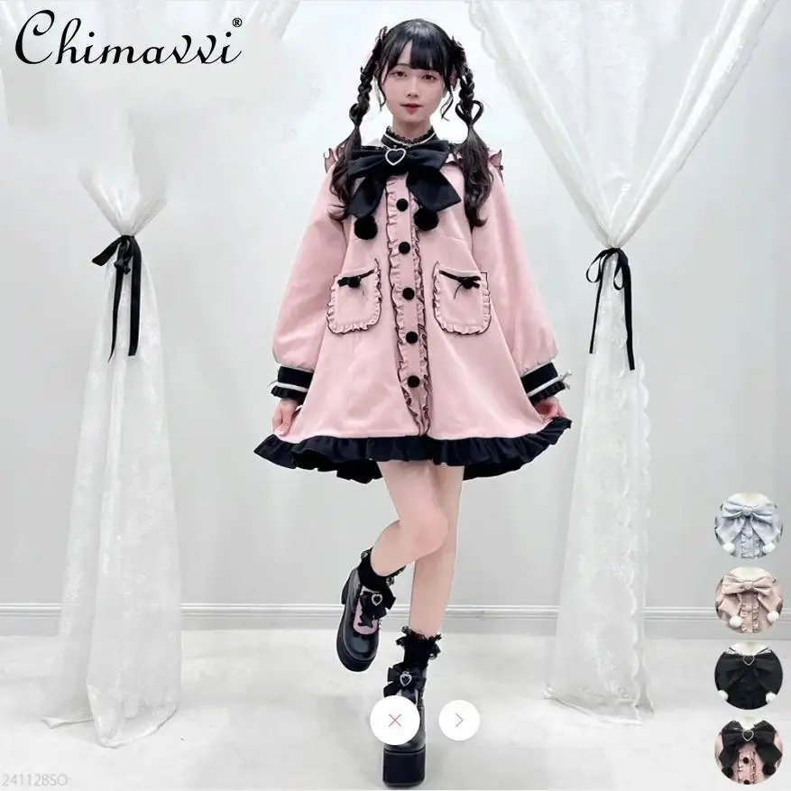 Japanese Sweet Mid-length Woolen Coat Autumn Winter New Lolita Fungus Edge Navy Collar Fur Ball Big Bow Lolita Cute Overcoats