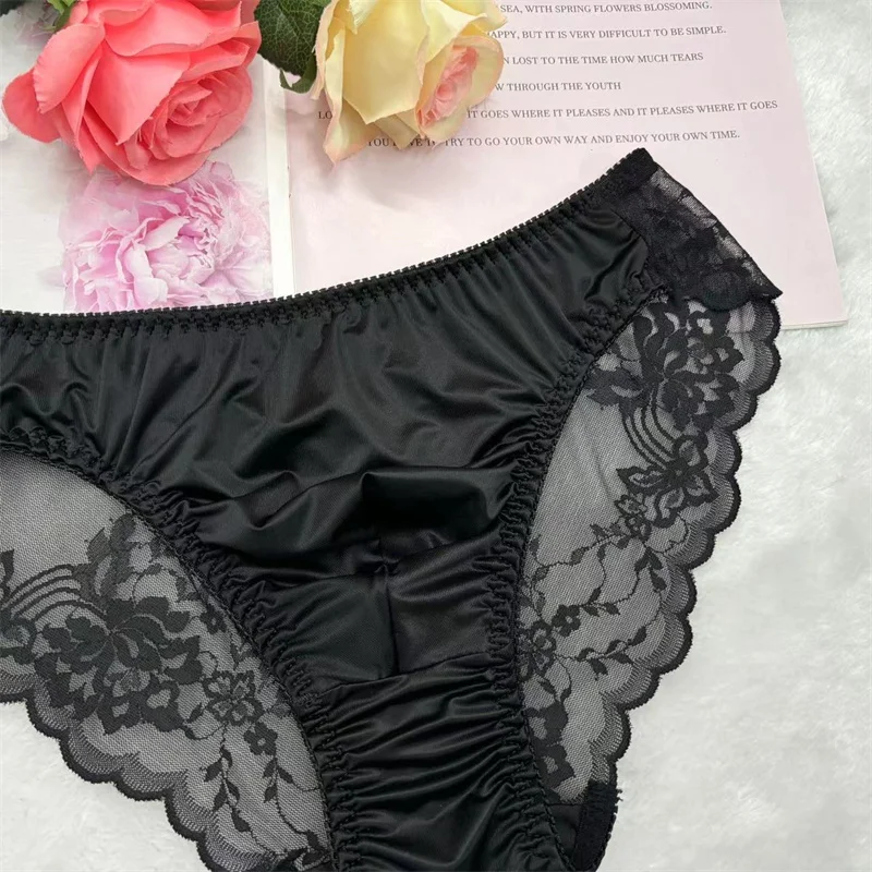 ﻿ Męska seksowna gładka transparentna bielizna jedwabista w dotyku elastyczna dopasowana koronkowa kwiatowa majtki Sissy BF bikini slipy