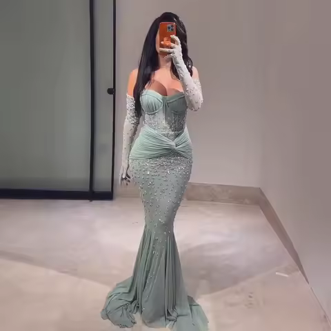 Turquoise Beaded Mermaid Evening Dress With Gloves Prom Gown Serene Hill 2025 Customized LA72933