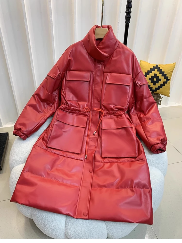 Jaquetas de couro de carneiro genuínas para mulheres, jaqueta de couro real, Parkas de colarinho feminino, cordão na cintura 2023, inverno