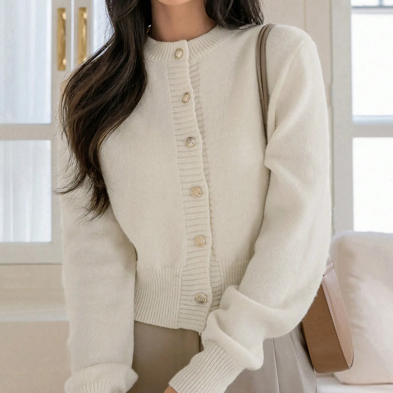 

Cropped Famale's Autumn Winter Sweater Solid Color Round Neck Loose-Fit Knit Sweater For Women Metal Buttons Coat For Female