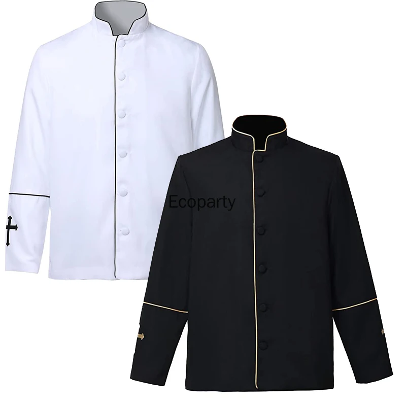 Disfraz de Halloween para hombre, cuello levantado, sacerdote de la Iglesia, bata negra, gabardina, sotana, clero, predicador, ministro, coro, Pastor romano