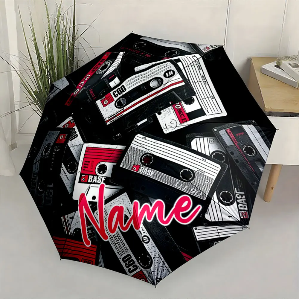 Custom Name Umbrella Retro Cassette Tape Umbrella Design Print 8 Iron Ribs Folding Umbrella Auto-Open Fashion Sunshade