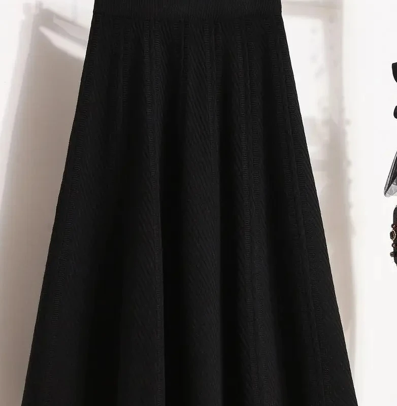 Otoño Invierno nueva falda suelta de cintura alta a media pantorrilla señora Color sólido prendas de punto suaves falda acampanada Mujer