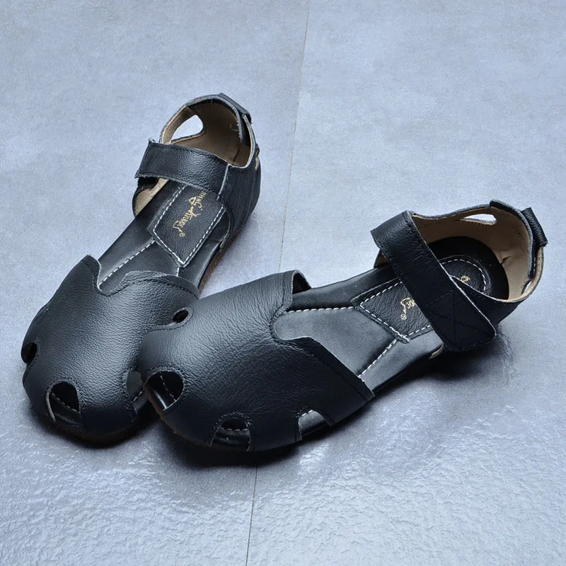 

Handmade Original Black Roman Sandals Women's Summer Flat Bottom Genuine Leather Shoes Hollow out Magic Tape Women's Footwear