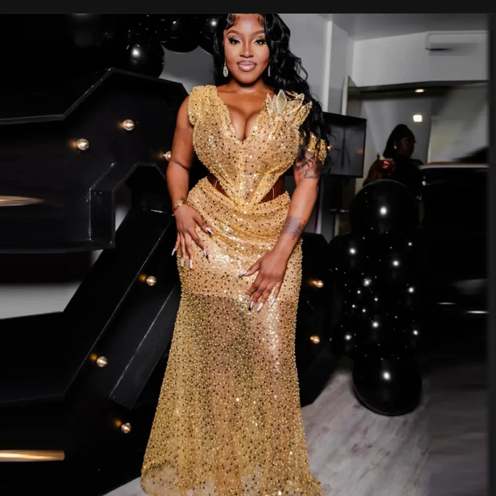 Sexy V Neck Appliques See Through Sexy Black Girls Formal Evening Party Dress Sequined Prom Dresses Aso Ebi Birthday Gowns