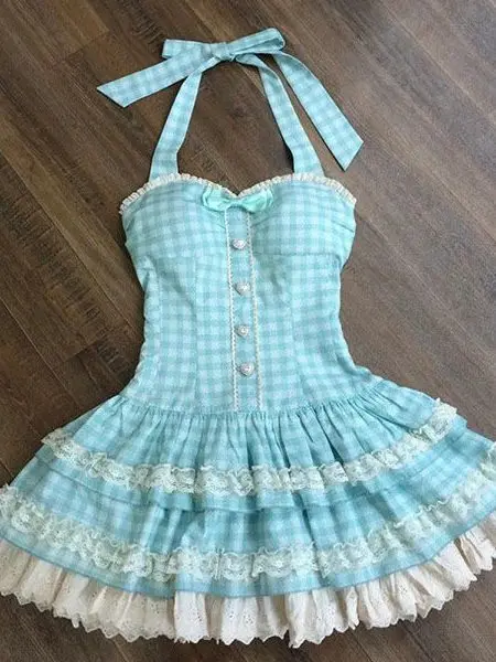 Vestido F de Verão 2025 com Laço Borboleta Azul Xadrez, Alças Finas, Cintura Alta, Saia Curta em Camadas, Vestido de P...