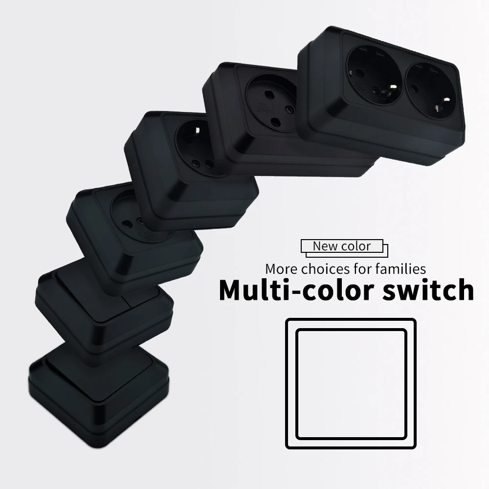 منافذ كهربائية مثبطة للهب مثبتة على الحائط باللون الأسود، مقابس طلاء بلاستيكية مع مقابس طاقة كلاسيكية قياسية من الاتحاد الأوروبي