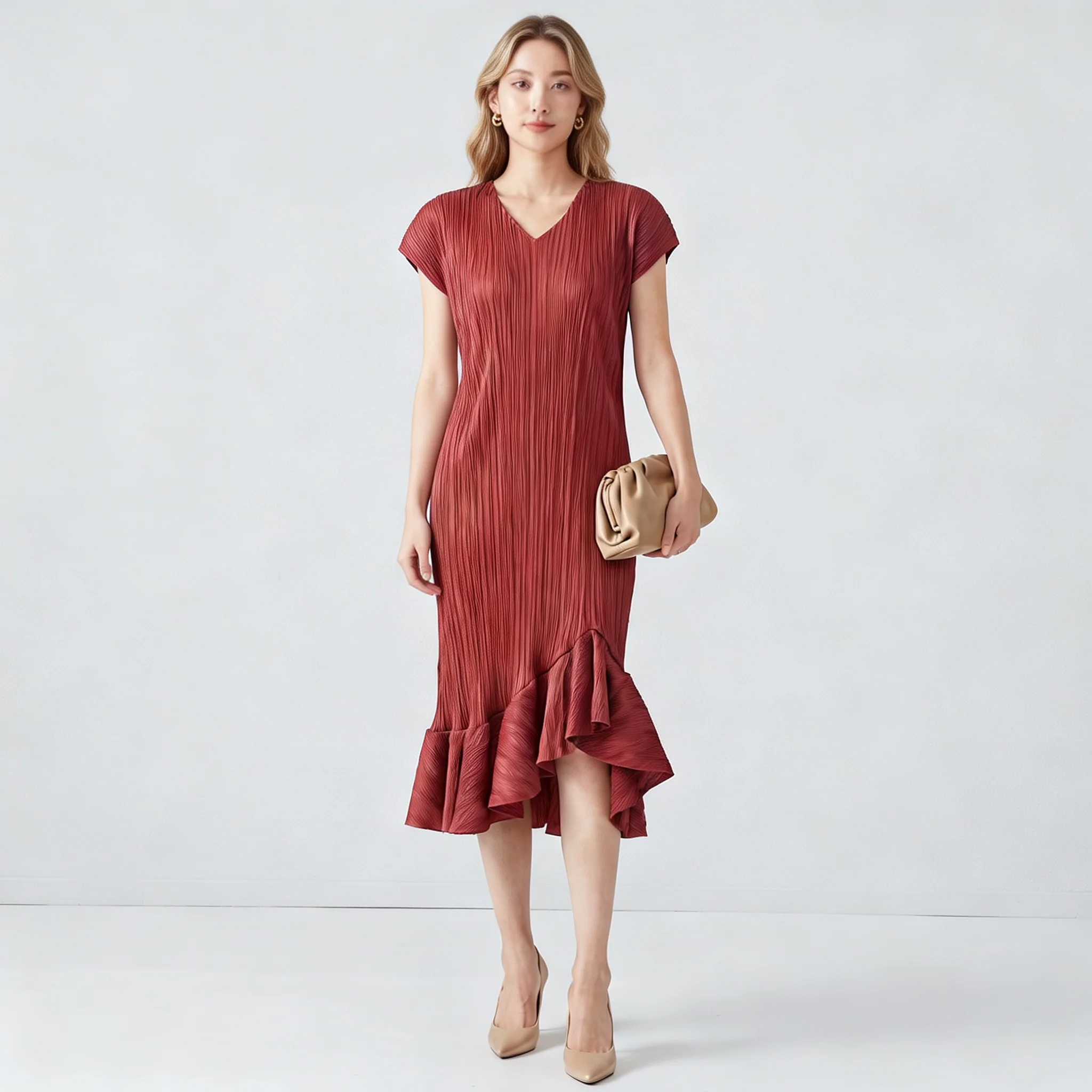 

2026 New Fashion Summer Rose Red Miyake Pleated Dress Elegant Women V Neck Batwing Sleeve High Elastic Loose Mermaid Dress