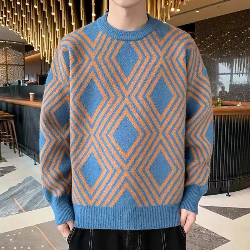 

2024 Autumn Winter Argyle Sweaters Vintage Contrasting Colors Men's Clothing Loose Stylish Spliced Long Sleeve Knitted Pullovers