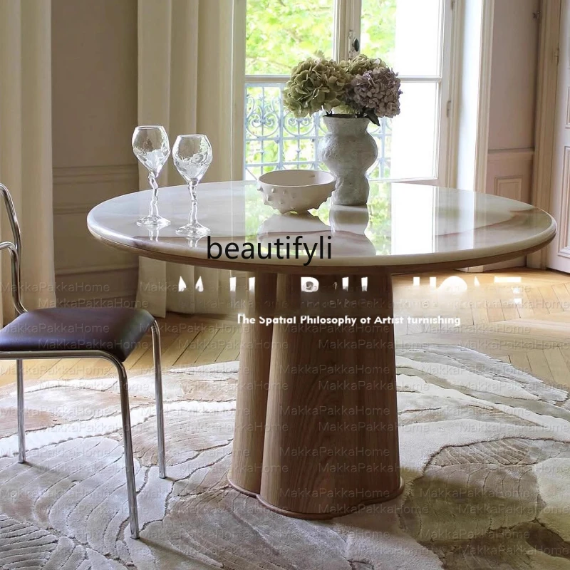 

French Vintage Marble Round Solid Wood Dining Table Home Retro Light Luxury Natural Wood Style Round Table