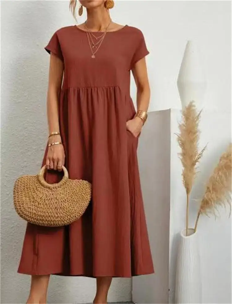 Losse katoenen linnen mouwloze jurk met zak in pure kleur voor dames Comfortabele ademende zomerjurken Modieus