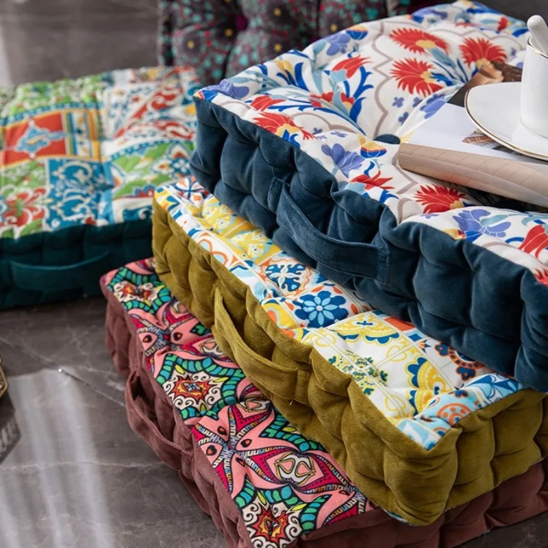Vintage Bohemian Style Extra Thick Square Floor Cushion Printed Fabric Seat Pad for Window Bench Tatami and Meditation Pouf
