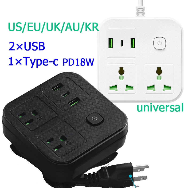 Universal Power Strip Outlets Socket US EU UK AU KR USB Type-C Fast Charging PD Converter Extension Cable Terminal Block Socket