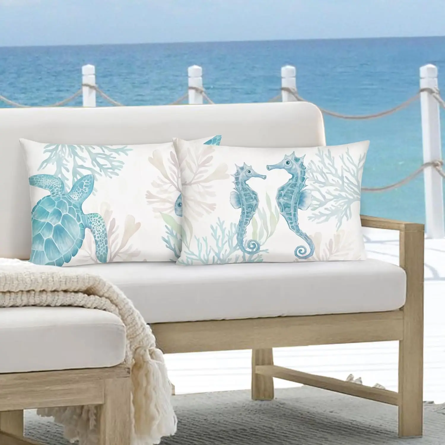 

Ocean Beach Throw Pillow Covers 12 x 20 Inch Seahorse Turtle Starfish Coastal Outdoor Decorative Pillows Soft Velvet Cushion Cas