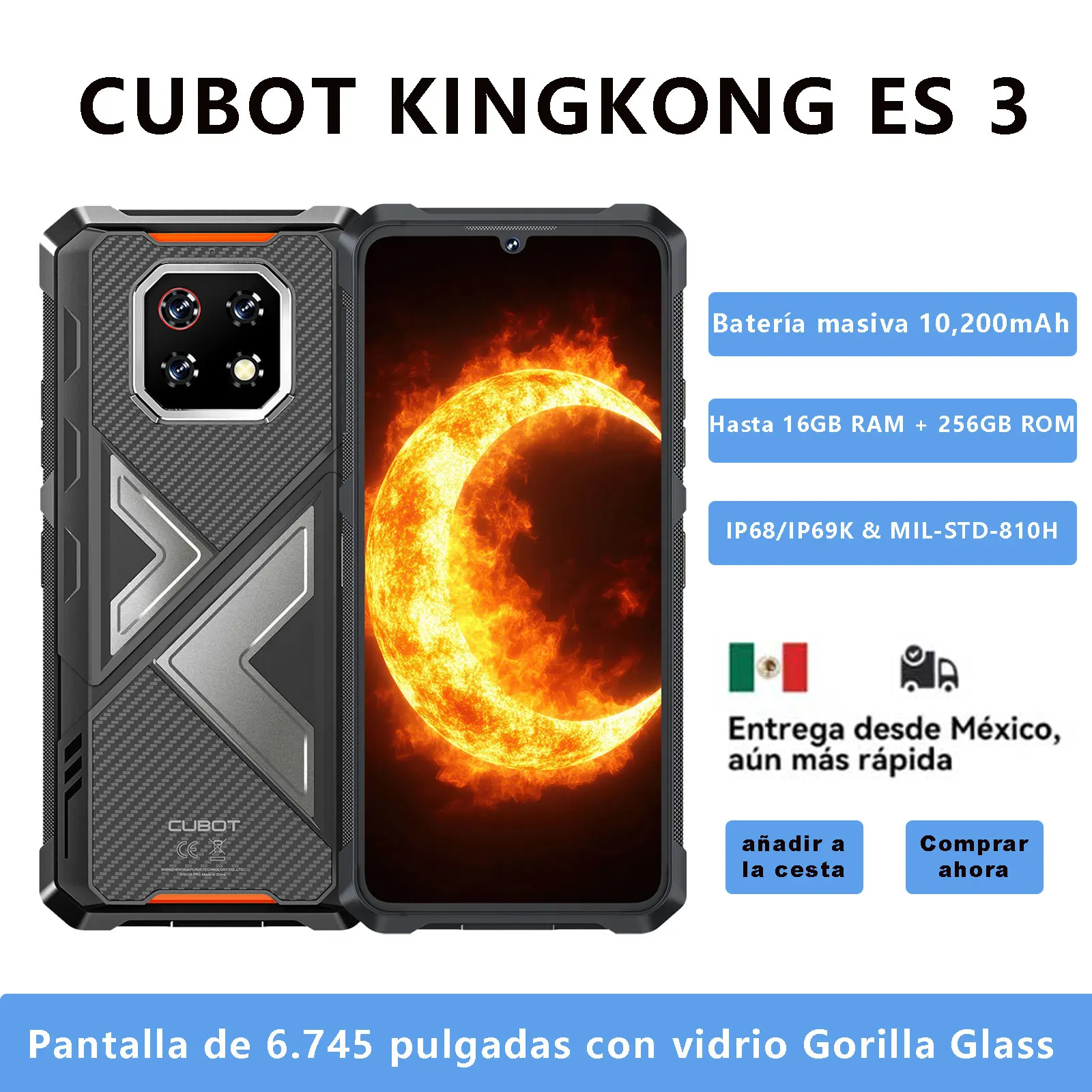 [Envío desde México] Smartphone android delgado y robusto Cubot KingKong ES 3,batería 10200mAh,16GB RAM(6+10 extendidas), 256GB ROM, pantalla 6,745" y 120Hz,telefonos, IP68/IP69K&MIL-STD-810H, NFC celular, 4G celulares
