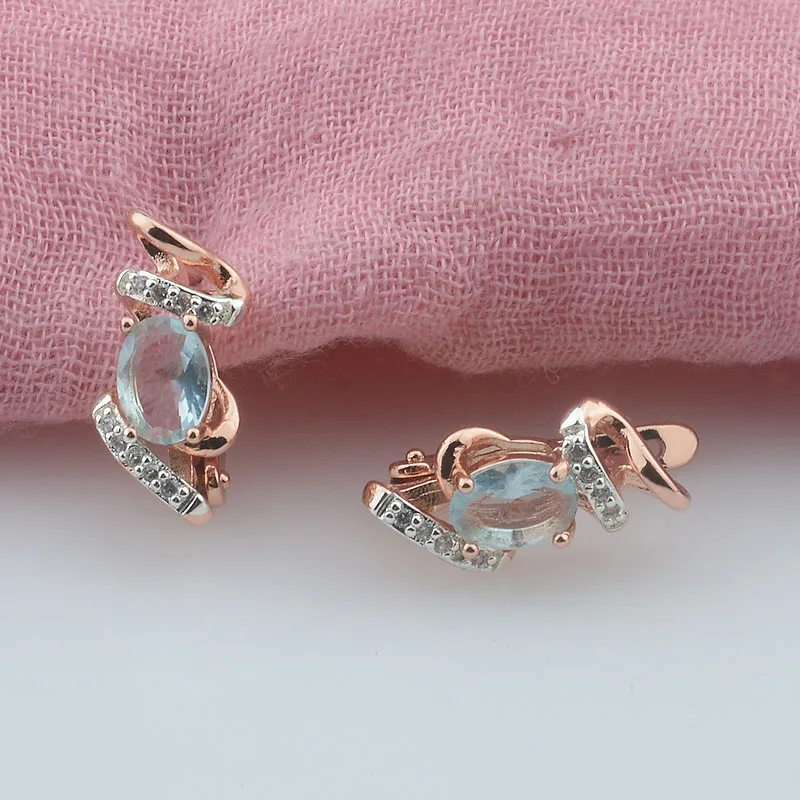 FJ New Ladies 585 Rose Gold Color Light Blue Stone Party Earrings