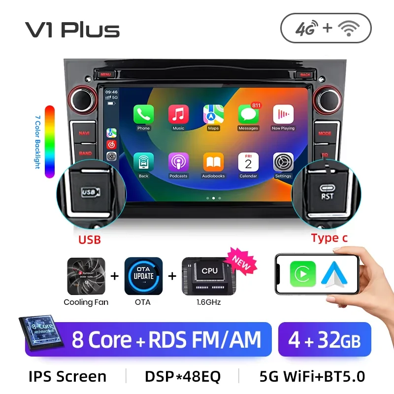 Junsun 7'' Kabelloses CarPlay für Apple Android Auto Autoradio für Opel Astra Vectra Vauxhall Antara Zafira Corsa Vivaro Meriva Combo Tigra 2DIN Multimedia-Stereoanlage mit Lüfter GPS SWC Bluetooth FM