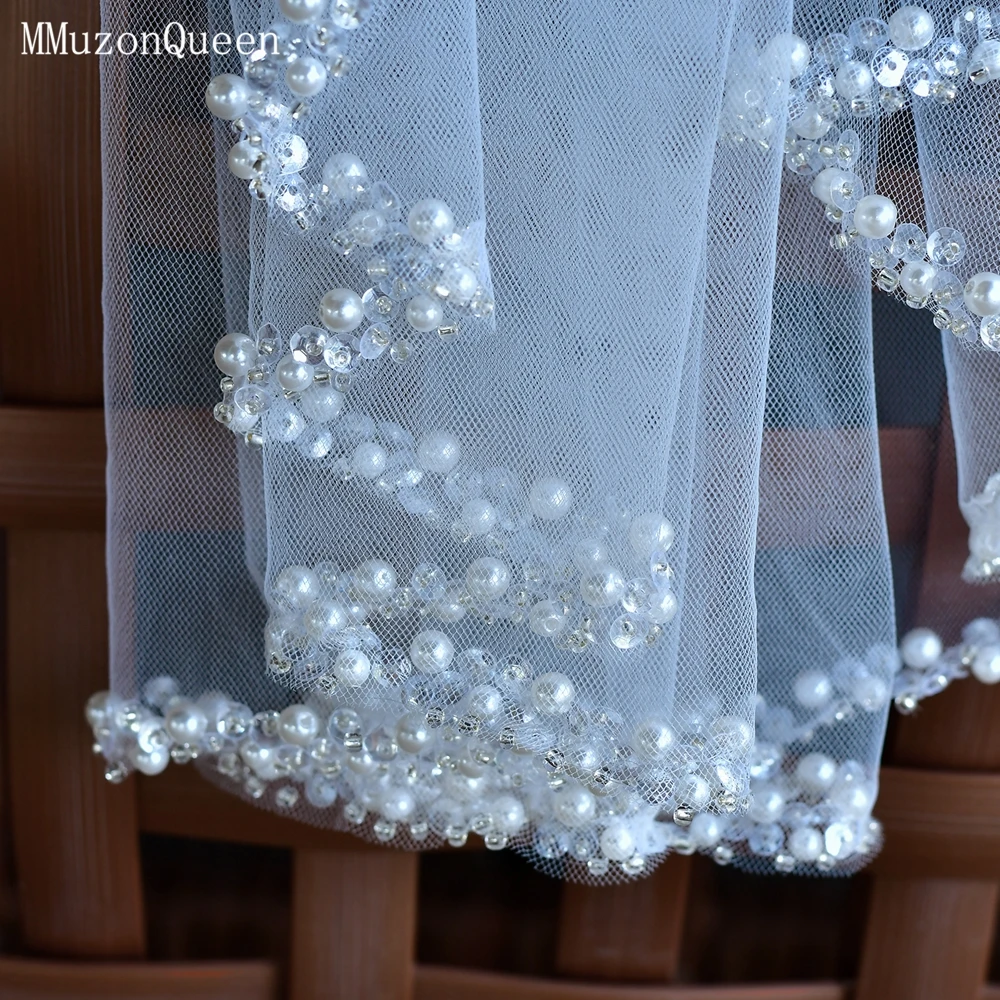 MZA77-Voile Court en Tulle Doux à Bord Perlé et à Paillettes, Accessoire de Mariage avec Perles, Longueur du Bout des Doigts, pour Patients