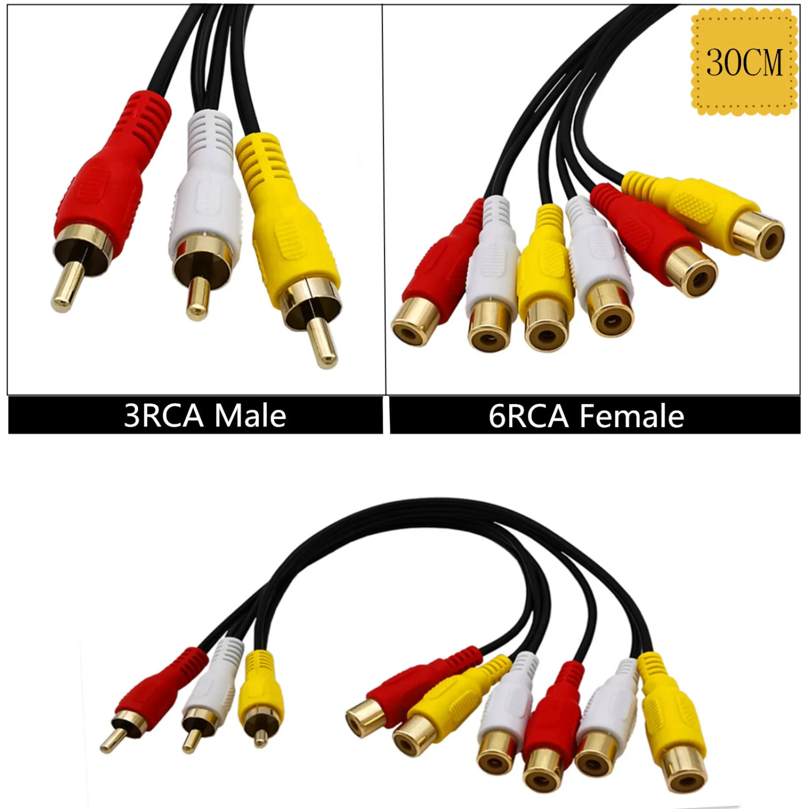 3 RCA Male Jack to 6 RCA Female Plug Splitter Audio Video Av Adapter Cable 0.3m For Hi-Fi Video DVCD Player Mini Disc