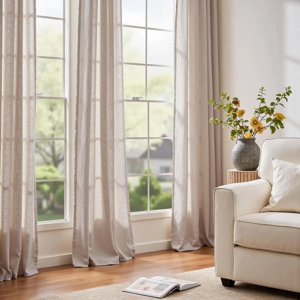 ستارة كتان شبه شفافة بلون رمادي داكن 100 للباب المنزلق، طول 96، سطح جروميت، نمط المزرعة