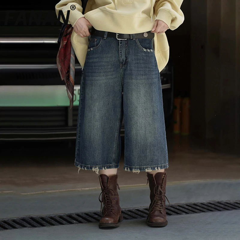 

FANAN винтажные потертые джинсы для женщин, прямые широкие джинсовые брюки с высокой талией, уличная одежда, свободные брюки, мода 202, осень, новинка