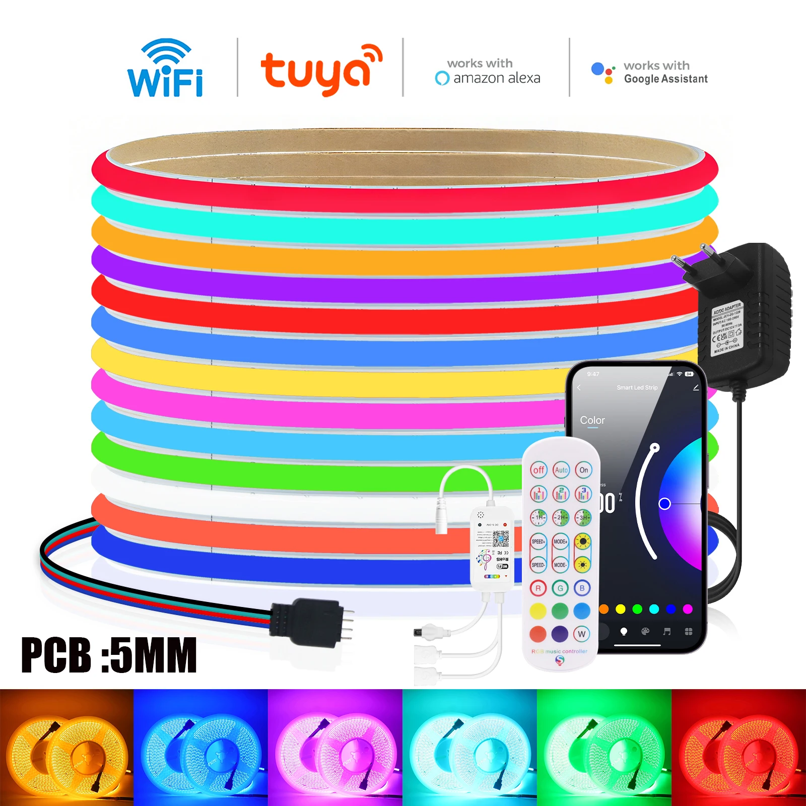 Tuya WIFI Alexa Bluetooth Control RGB COB LED Strip 5MM Led Tape Diode Flexible Ribbon DC 12V 24V TV BackLight Room Decoration