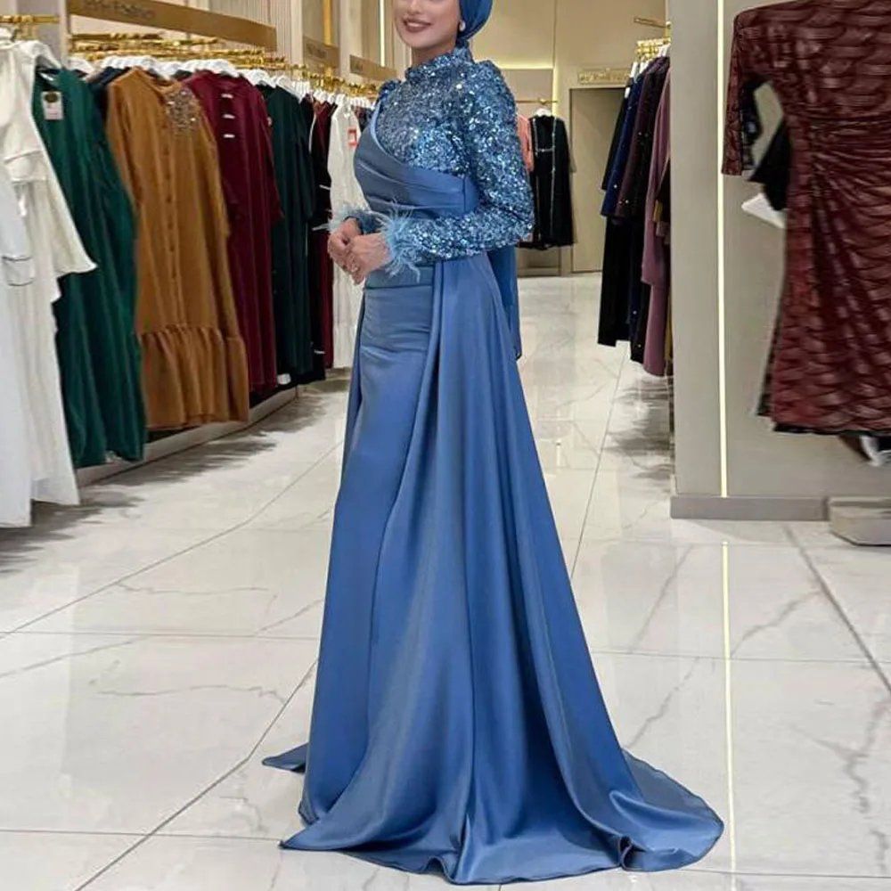 فساتين سهرة عتيقة مخصصة Abiye بأكمام ريشة ترتر ثوب مسائي إسلامي قابل للانفصال فستان ماكسي إسلامي أزرق