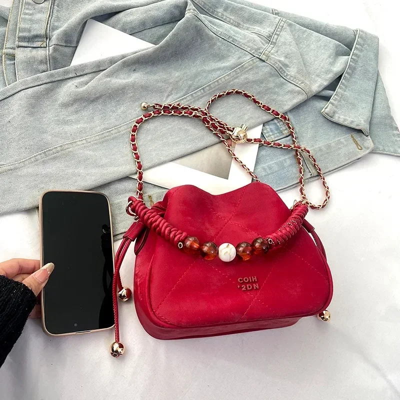 Beaded Chain Bucket Bag for Women New Fashionable Suede Cloud Bag Versatile Crossbody Bag  Handbag Bolso De Un Hombro De Moda