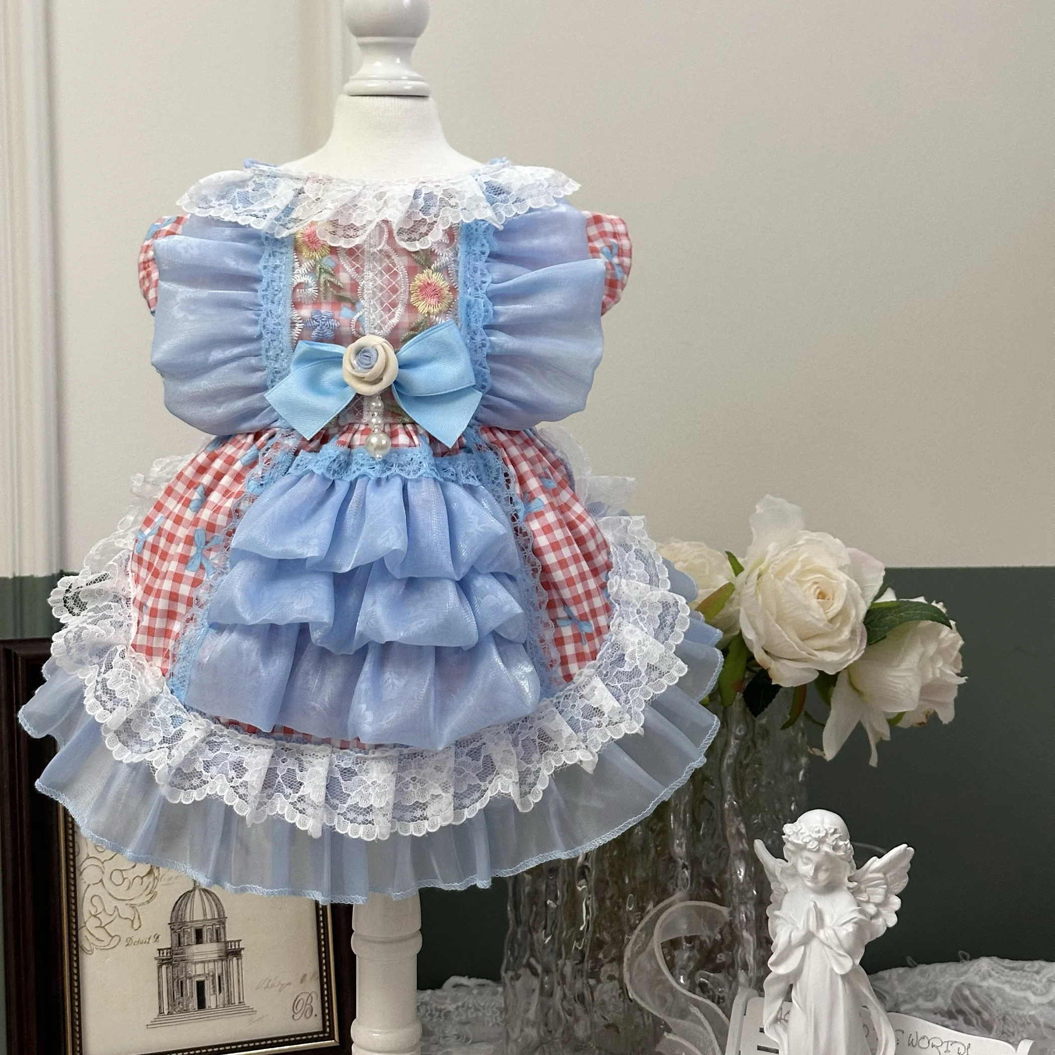 

Original Handmade Pet Dog Clothes Spring New Red Blue Cotton Lace Princess Dresses For Small Medium Dog Puppy Home Wear Poodle