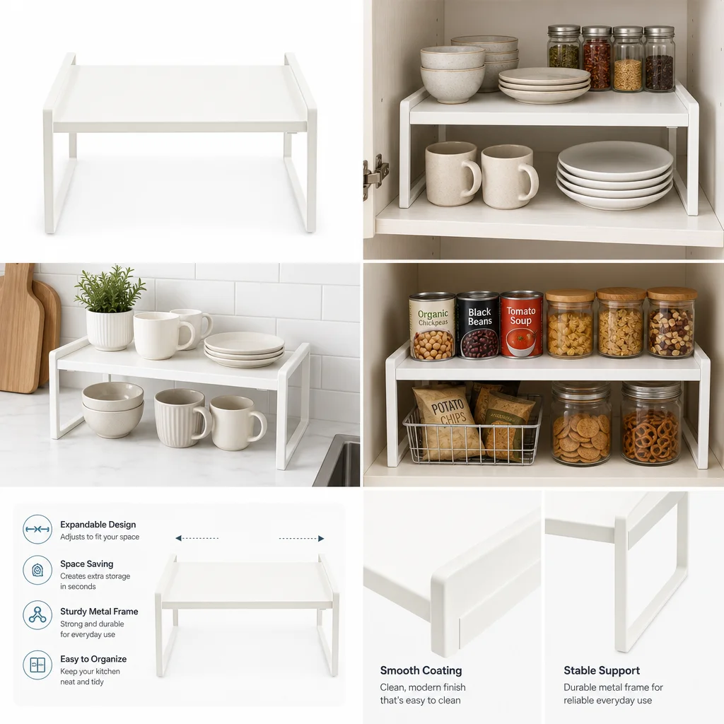 Erweiterbares Schrankregal, Erweiterbarer Schrank-Organizer für die Küche, Weißes Eisen, 34-63cm, Verstellbar, 10kg Tragkraft, Küchenaufbewahrung