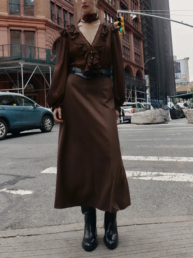 

Sweet V-ne Long Sve Midi Dr New Winter Faion Women's Clothing High Waist Bell Sve Performance Pure Color Gown