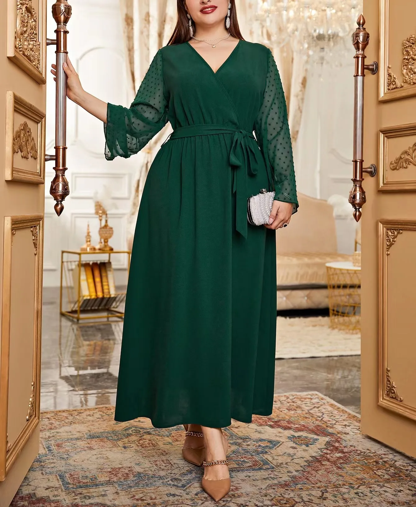 فستان أنيق برقبة على شكل حرف V وأربطة وأكمام طويلة من الشيفون مقاس كبير باللون الأخضر