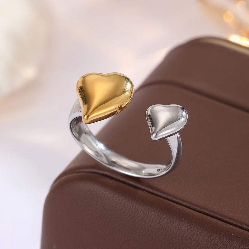 Letdiffery Vintage Two Tone Open Ring Stainless Steel for Women Mixed Color Heart Star Shell Geometric Adjustable Finger Rings