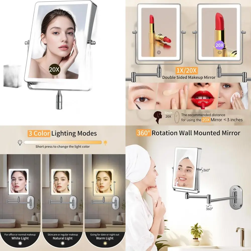 LED照明付き両面化粧鏡、5000mAh充電式、1倍/20倍拡大、タッチ調光、360度回転 °   回転式スイングアーム