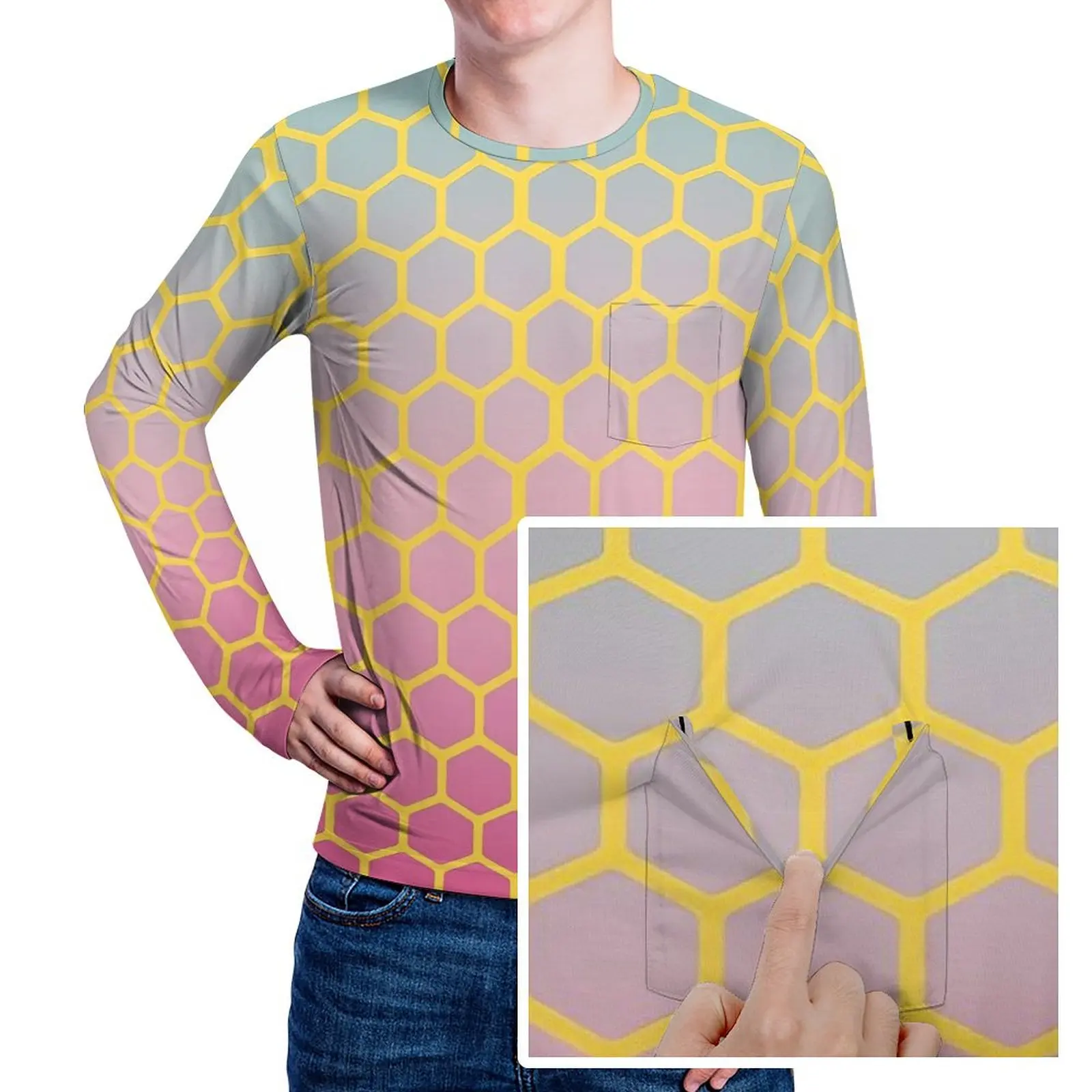 Ombre T-Shirt Gold Honeycomb Male Cool T Shirts Daily Pattern Tees Long Sleeve Fun Plus Size Gift