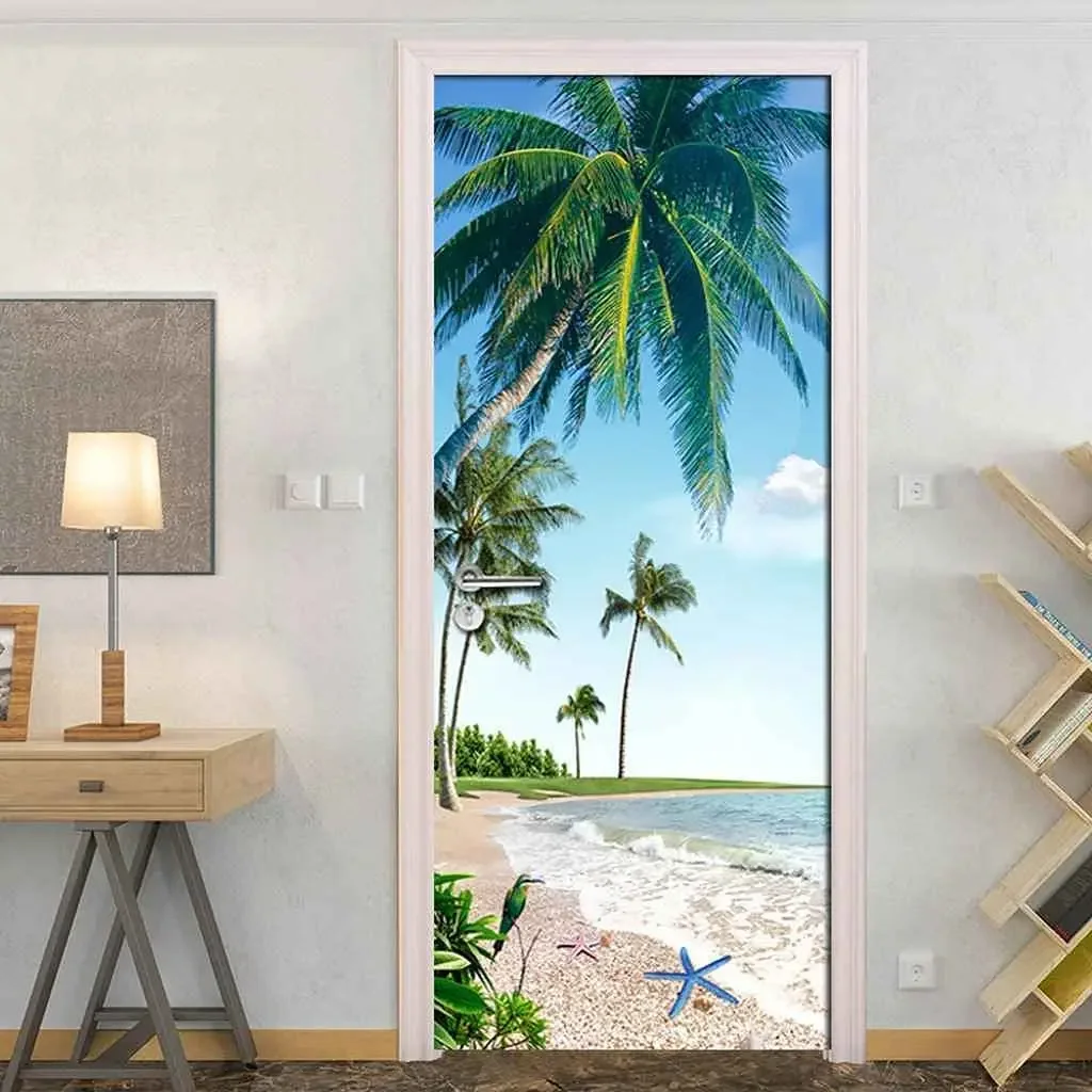 Seaside Palm Tree Door Stickers Hawaii Ocean Scenery Door Mural Sticker Tropical Sea Landscape Decal Wallpaper Living Room Decor