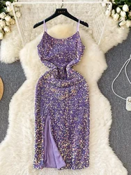 Women Sexy Long Midi Dress Purple Sequins Split Suspender Slim Fit Bodycon Party Club