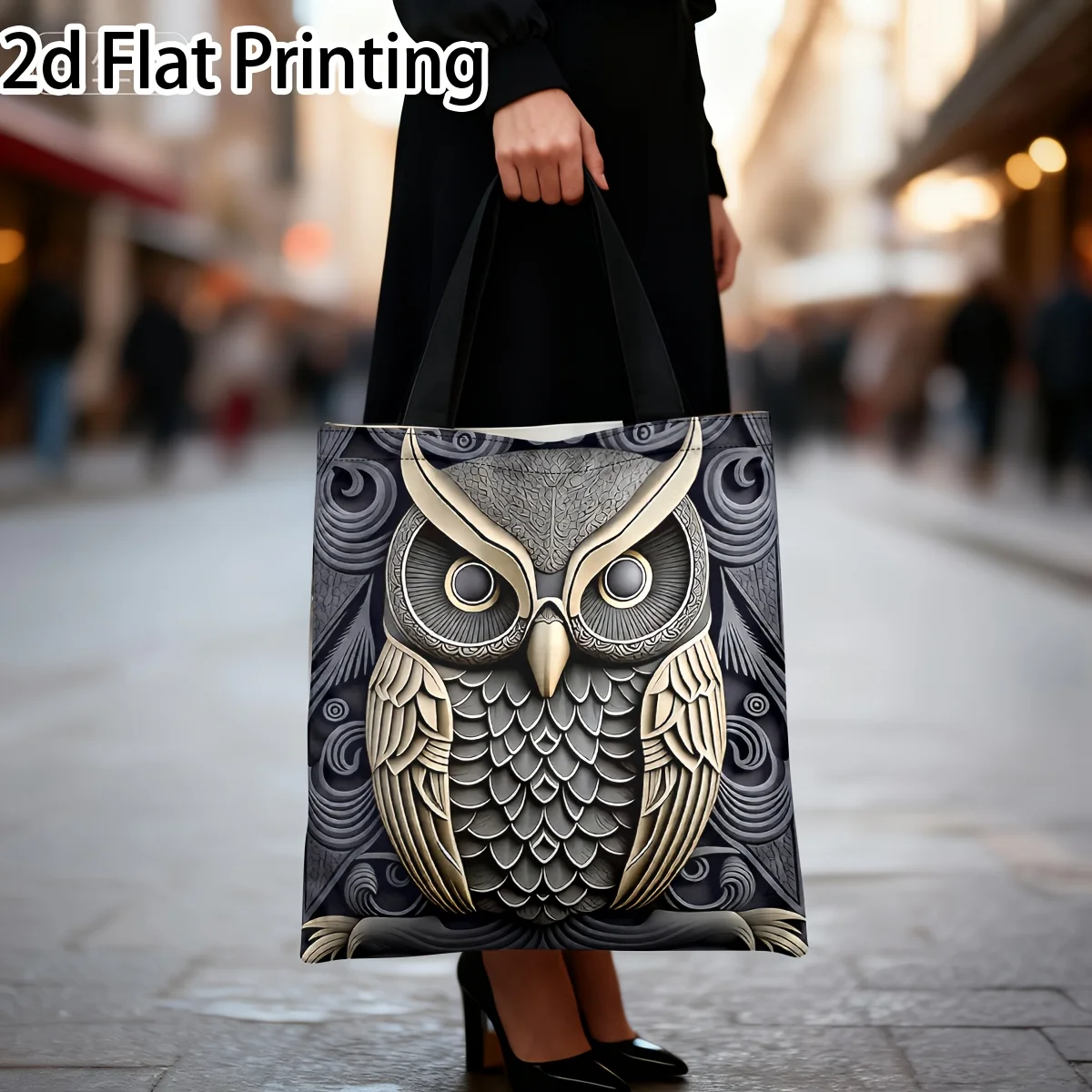 1pc Shopping Bag with Gorgeous Owl and Chinese Knot Pattern Polyester Foldable High-Quality for Daily Travel Use Handbag