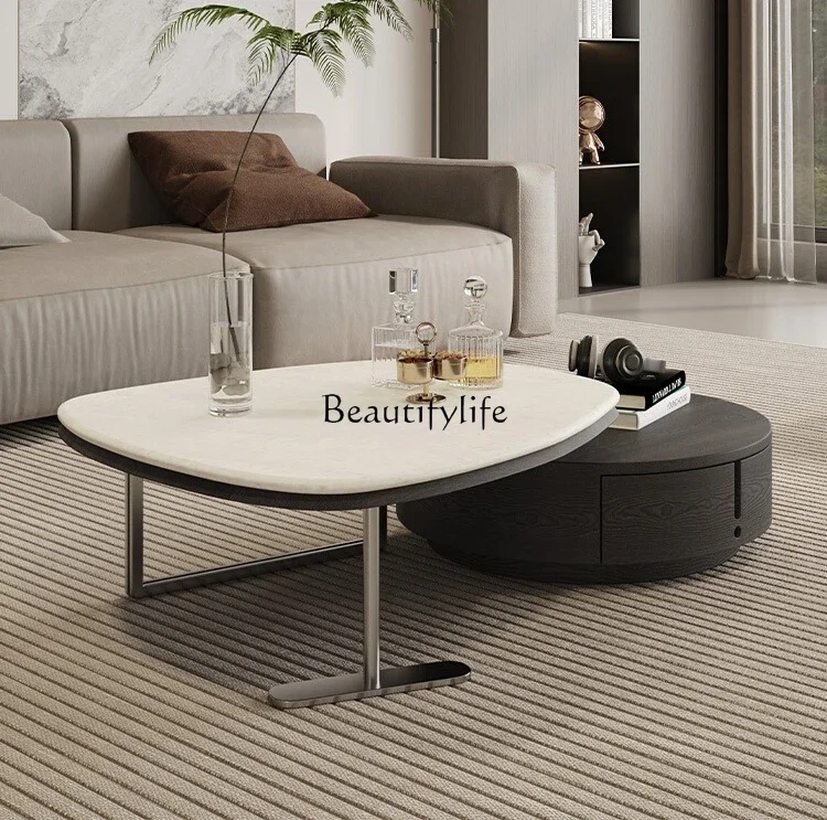

z.Italian Minimalist Marble Coffee Table Light Luxury Modern Living Room Stainless Steel Metal Tea Table