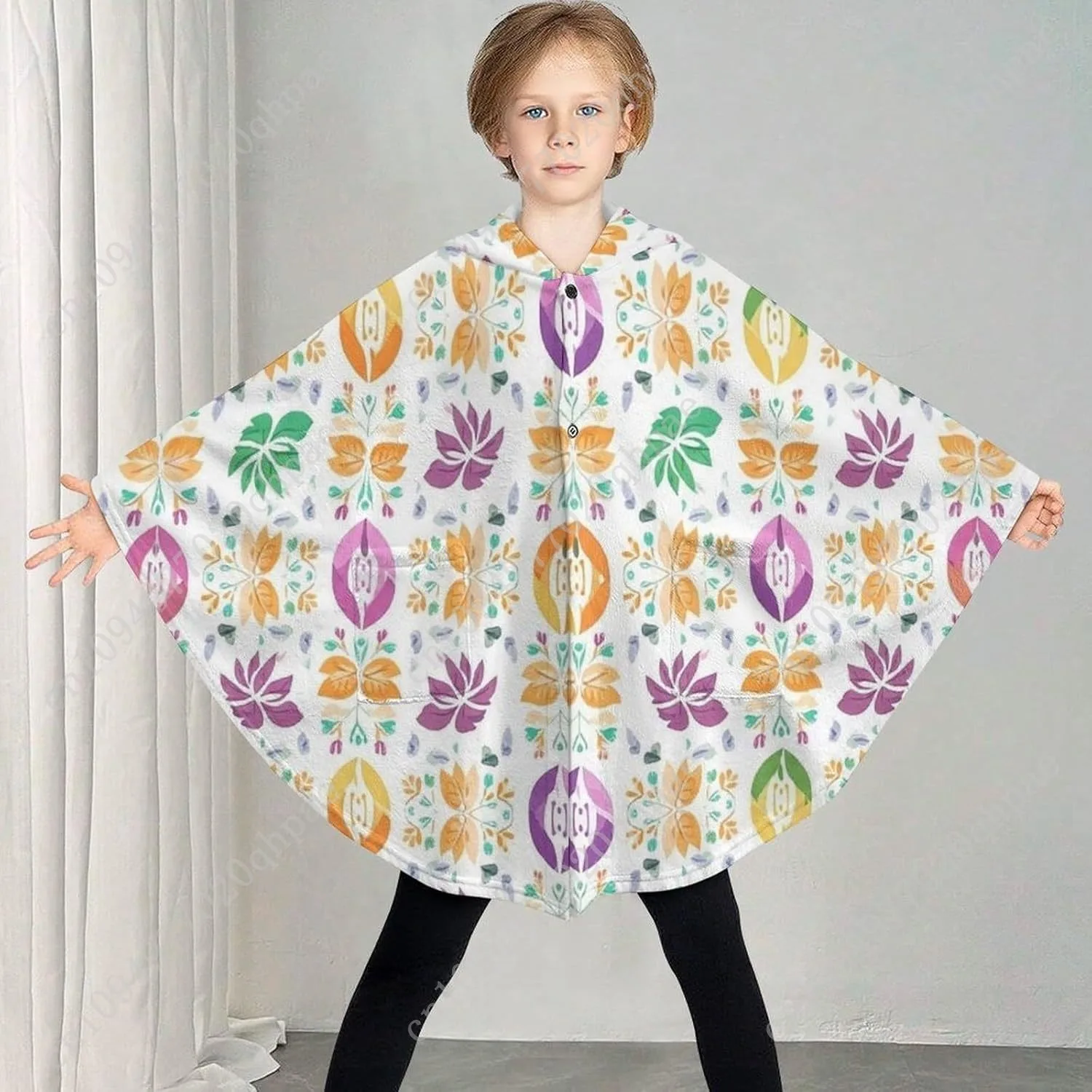 سترة بطانية مريحة من الفلانيل، هوديي كبير الحجم بنمط الأزهار الملونة مع جيوب للأطفال والمراهقين #2