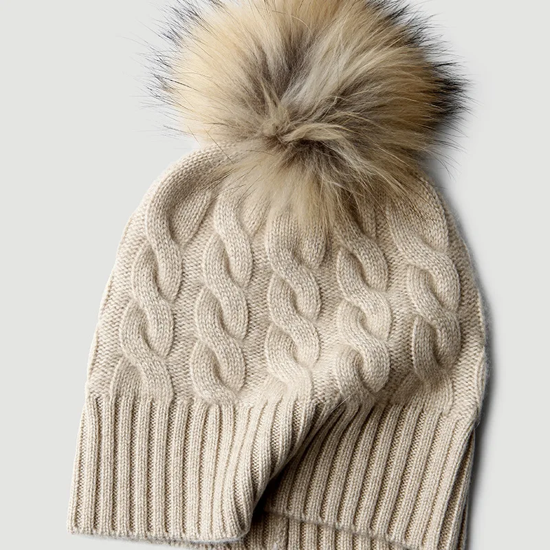 100% Cashmere Cable Knit Beanie Hat with Pom Pom Women Winter Warm Thick Ribbed Cuffed Hat 3 Colors for Cold Weather